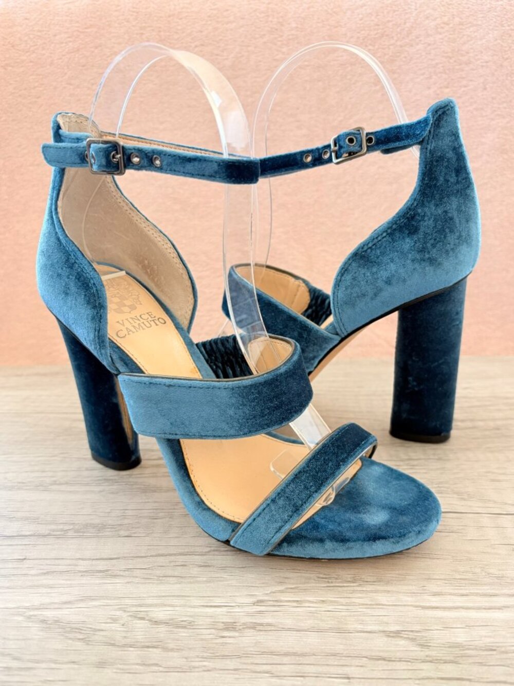 Vince Camuto Robeka Blue Velvet Fabric Strappy Buckle 4" Chunky Heel Sandal 5.5